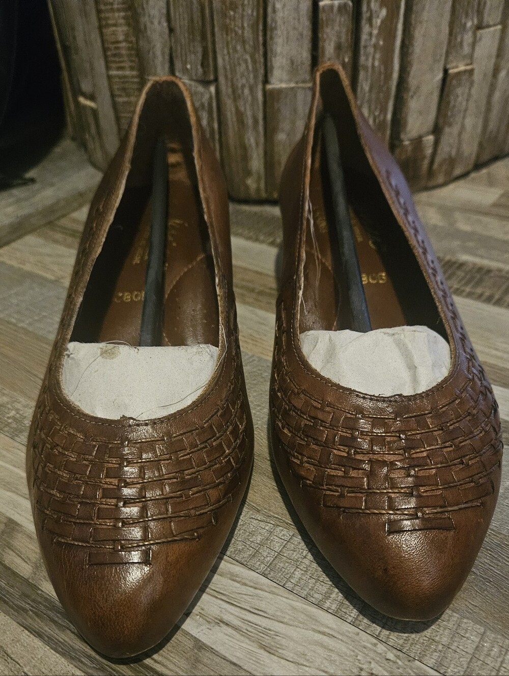 Vintage Jessica Brown Leather Basketweave Made In Brazil Low Heel Flats. 10